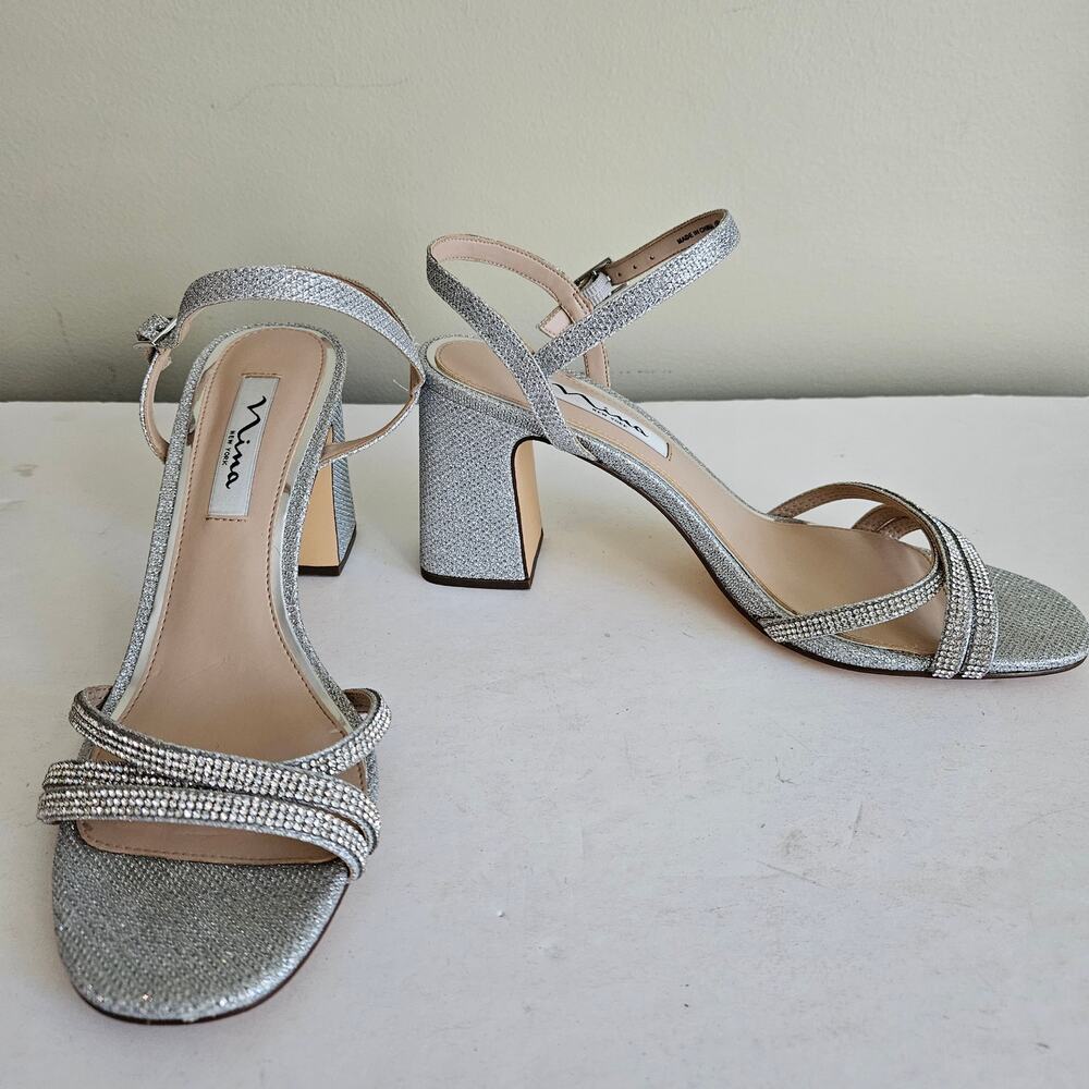 Nina Women's Silver Dress Shoes, Size 9 Rhinestone Sparkle Heel Disco Prom